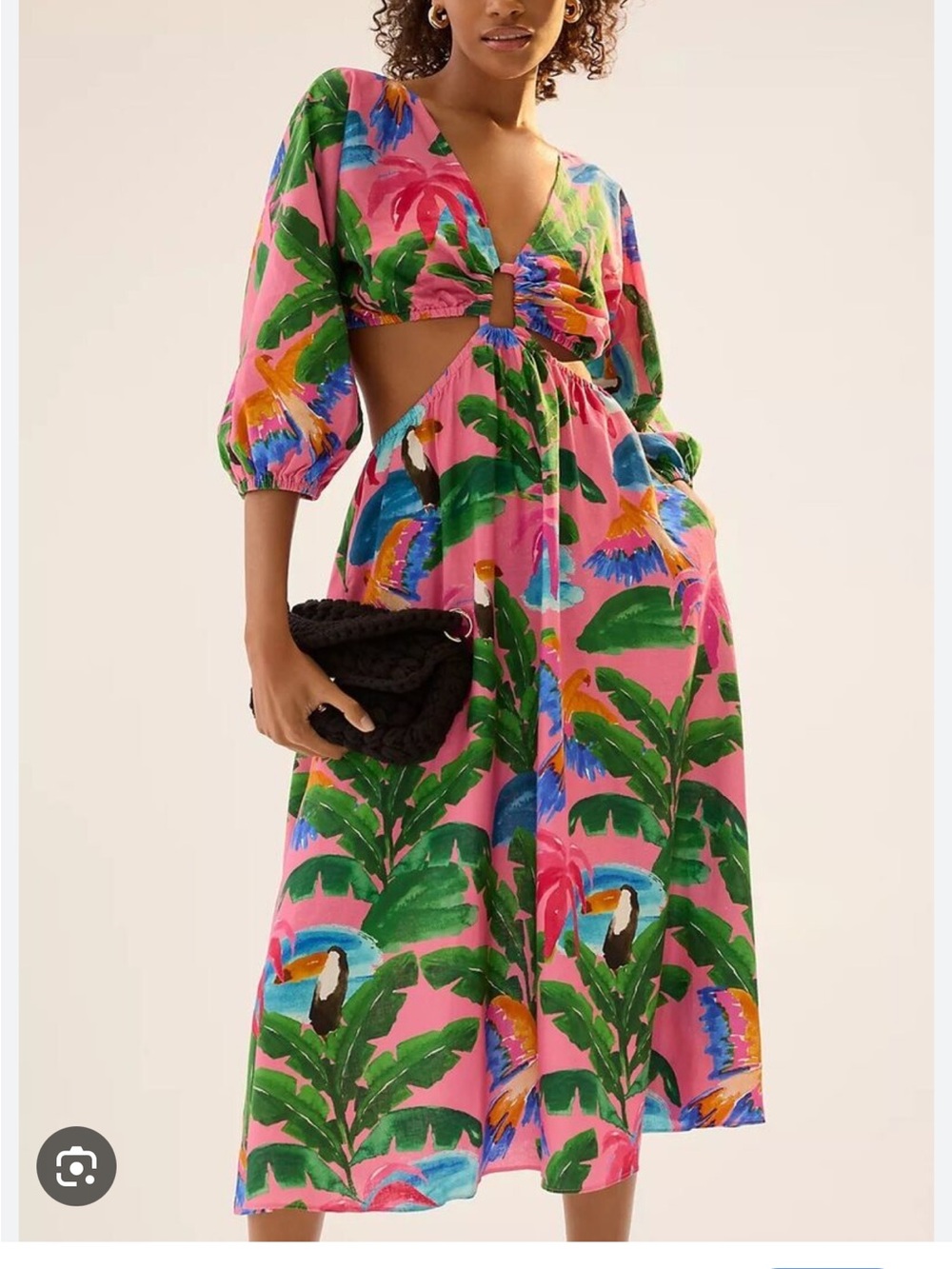 FARM Rio Pink Tropical Cutout Midi Dress with Green Leaf Motif NWT - Picture 2 of 4